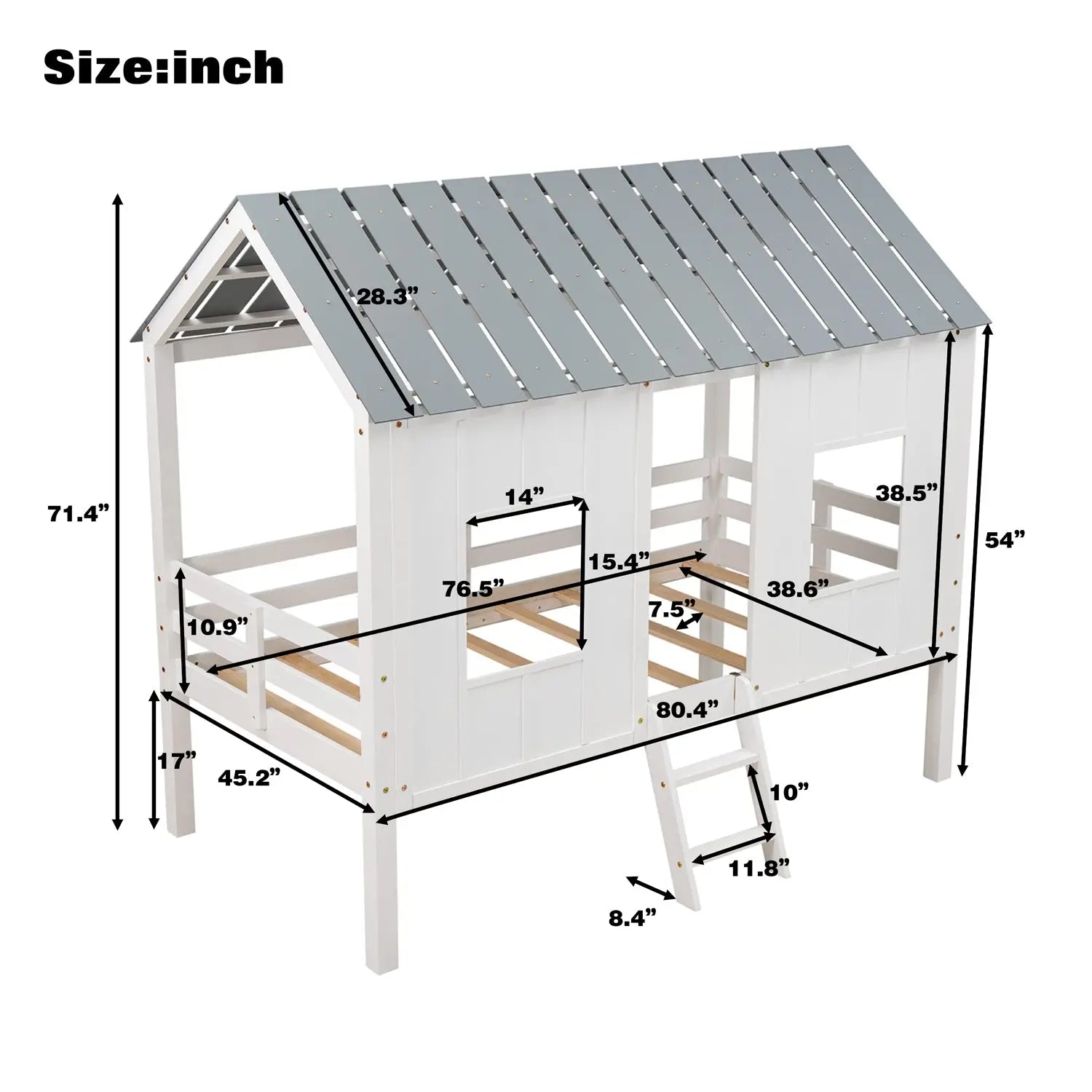 Bellemave® Twin Size Low House Loft Bed with Roof and Two Front Windows - Bellemave