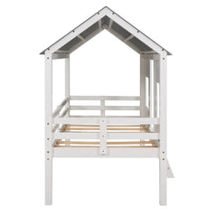 Bellemave® Twin Size Low House Loft Bed with Roof and Two Front Windows - Bellemave