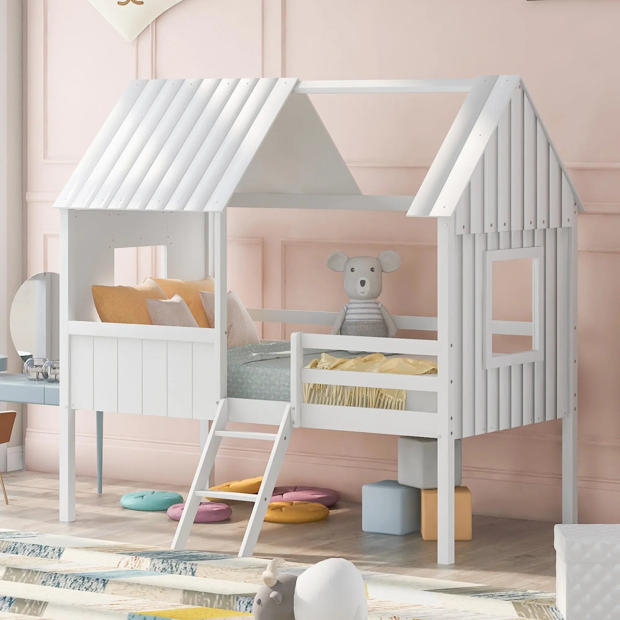 Bellemave® Twin Size Low House Loft Bed with Two Side Windows - Bellemave