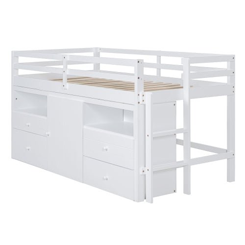 Bellemave® Twin Size Low Loft Bed with 4 Drawers, Underneath Cabinet and Shelves - Bellemave