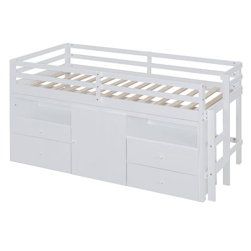 Bellemave® Twin Size Low Loft Bed with 4 Drawers, Underneath Cabinet and Shelves - Bellemave