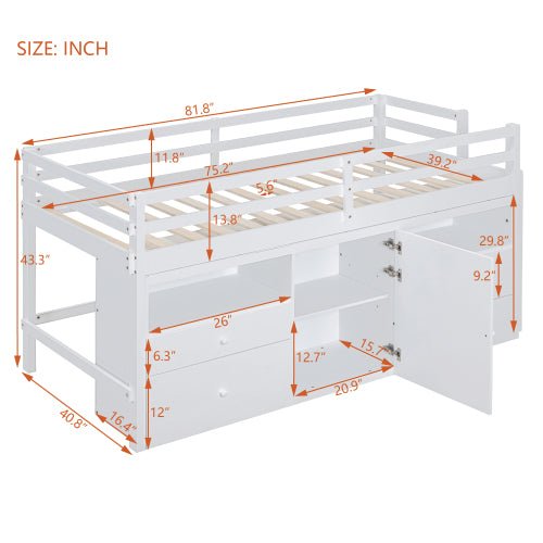 Bellemave® Twin Size Low Loft Bed with 4 Drawers, Underneath Cabinet and Shelves - Bellemave