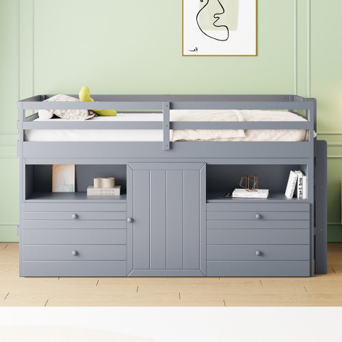 Bellemave® Twin Size Low Loft Bed with 4 Drawers, Underneath Cabinet and Shelves - Bellemave
