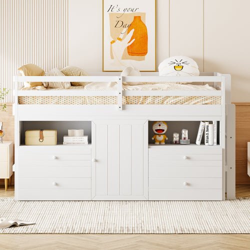 Bellemave® Twin Size Low Loft Bed with 4 Drawers, Underneath Cabinet and Shelves - Bellemave