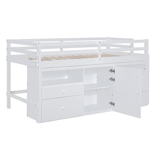 Bellemave® Twin Size Low Loft Bed with 4 Drawers, Underneath Cabinet and Shelves - Bellemave