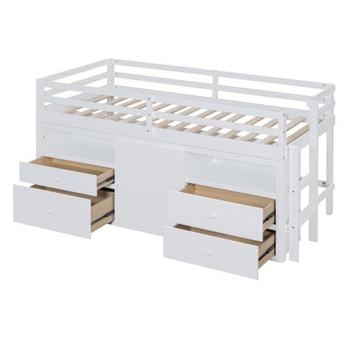 Bellemave® Twin Size Low Loft Bed with 4 Drawers, Underneath Cabinet and Shelves - Bellemave