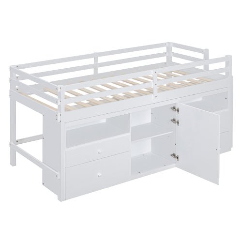 Bellemave® Twin Size Low Loft Bed with 4 Drawers, Underneath Cabinet and Shelves - Bellemave