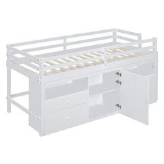 Bellemave® Twin Size Low Loft Bed with 4 Drawers, Underneath Cabinet and Shelves - Bellemave