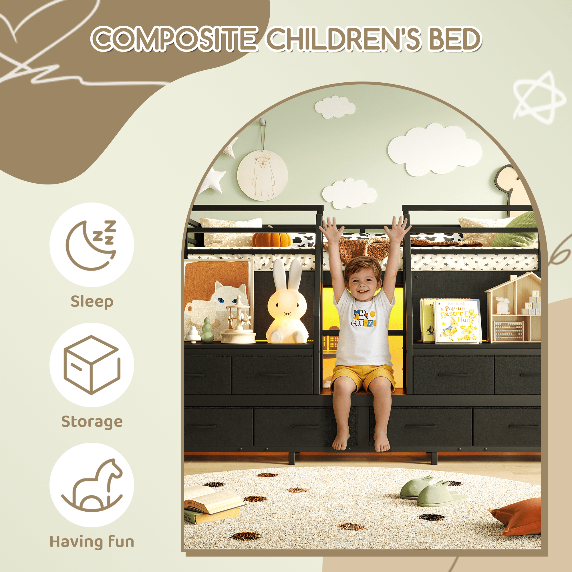 Bellemave® Twin Size Low Loft Bed with 8 Fabric Storage Drawers for Kids,Metal Loft Bed Frame with Shelves & LED Lights - Bellemave