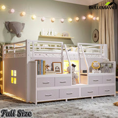 Bellemave® Twin Size Low Loft Bed with 8 Fabric Storage Drawers for Kids,Metal Loft Bed Frame with Shelves & LED Lights - Bellemave