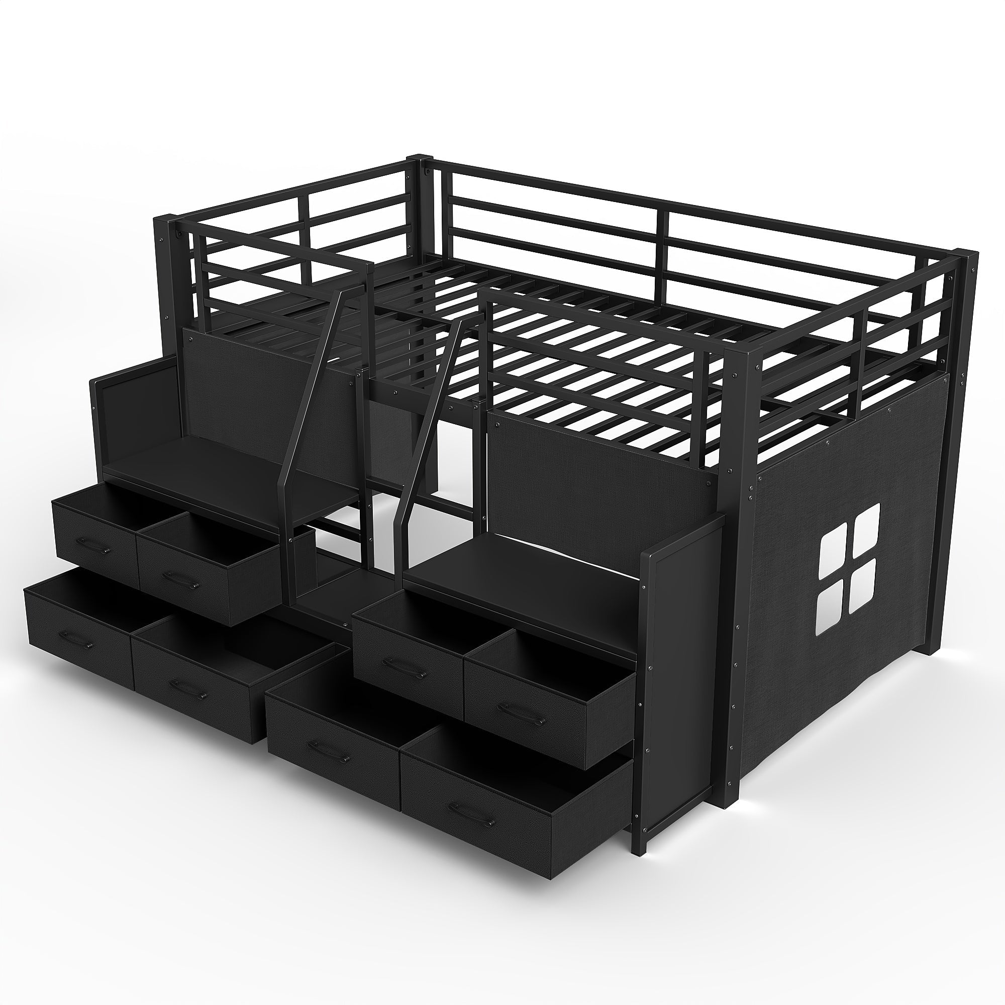 Bellemave® Twin Size Low Loft Bed with 8 Fabric Storage Drawers for Kids,Metal Loft Bed Frame with Shelves & LED Lights - Bellemave