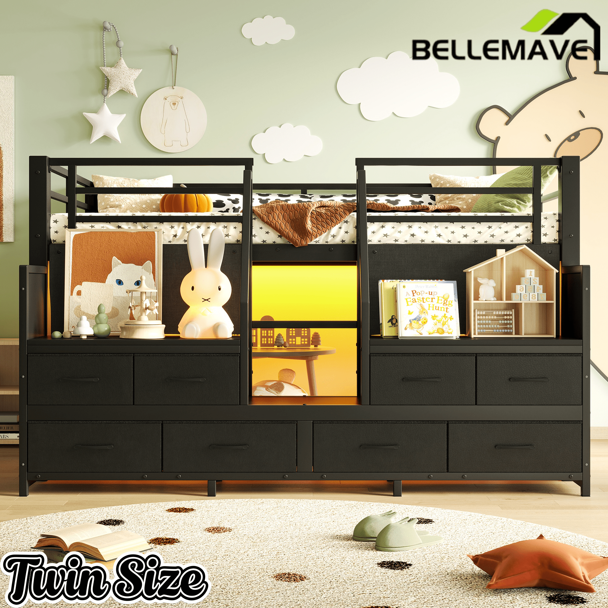 Bellemave® Twin Size Low Loft Bed with 8 Fabric Storage Drawers for Kids,Metal Loft Bed Frame with Shelves & LED Lights - Bellemave