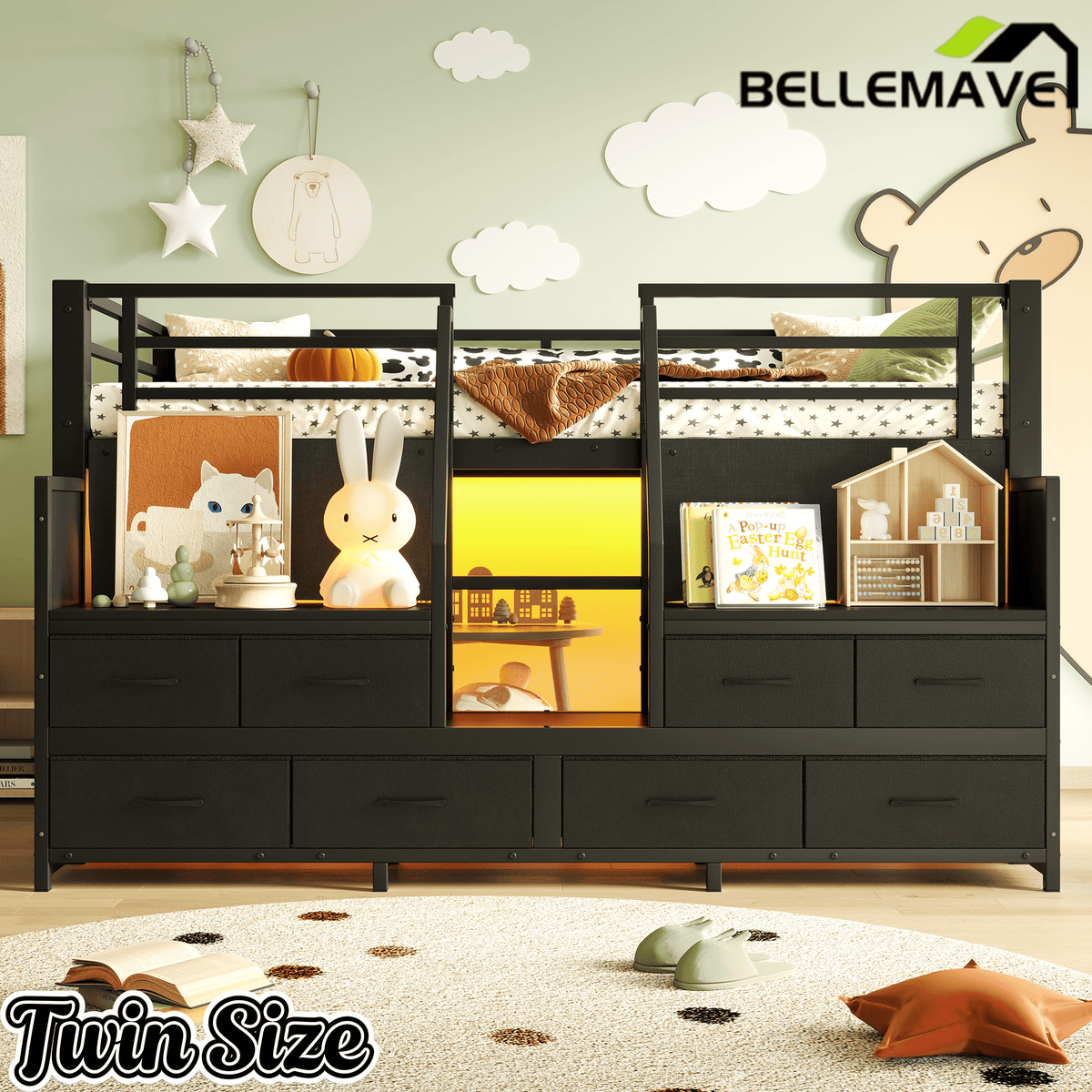 Bellemave® Twin Size Low Loft Bed with 8 Fabric Storage Drawers for Kids,Metal Loft Bed Frame with Shelves & LED Lights - Bellemave