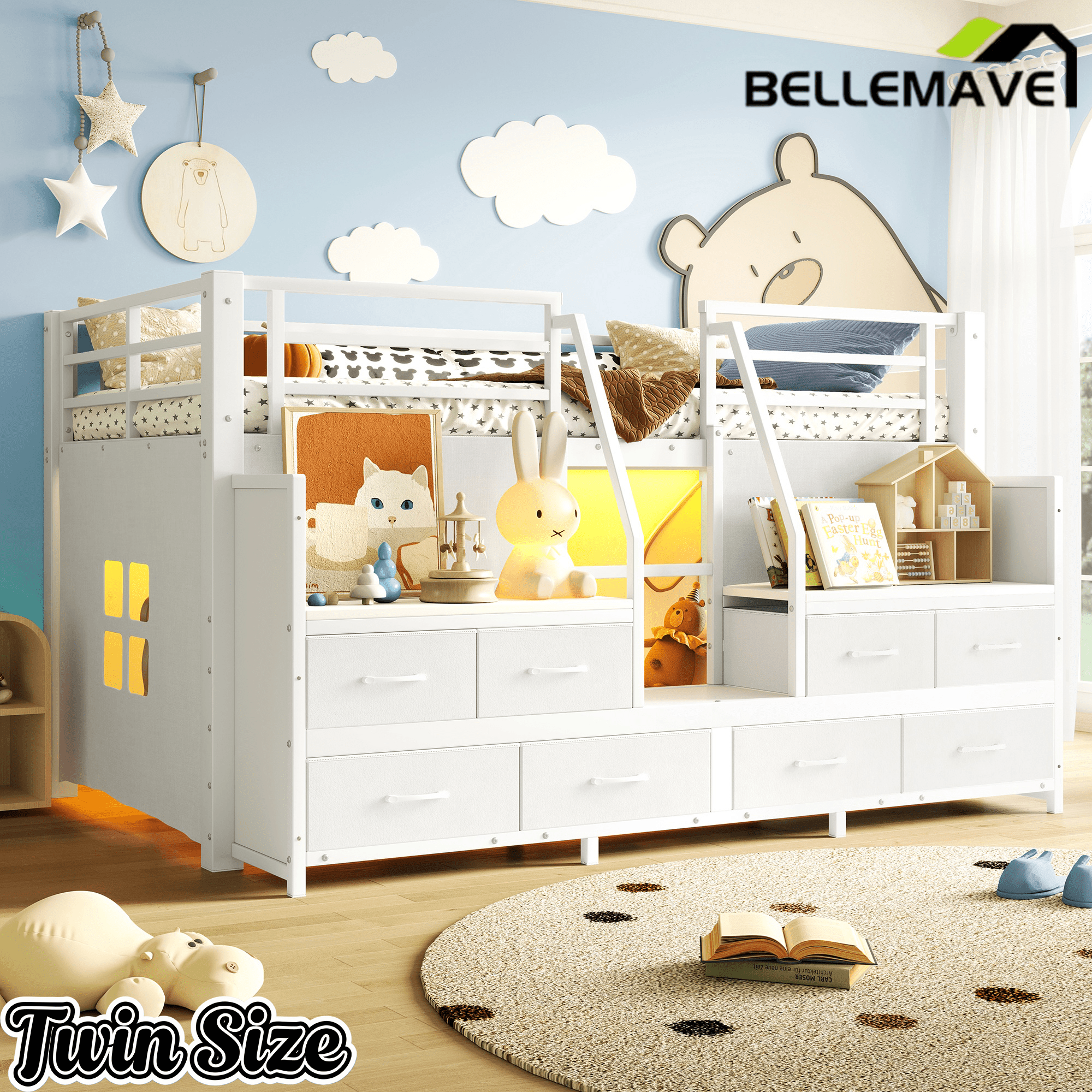 Bellemave® Twin Size Low Loft Bed with 8 Fabric Storage Drawers for Kids,Metal Loft Bed Frame with Shelves & LED Lights - Bellemave