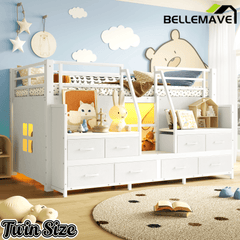 Bellemave® Twin Size Low Loft Bed with 8 Fabric Storage Drawers for Kids,Metal Loft Bed Frame with Shelves & LED Lights - Bellemave