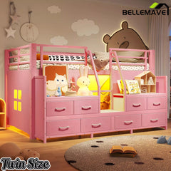 Bellemave® Twin Size Low Loft Bed with 8 Fabric Storage Drawers for Kids,Metal Loft Bed Frame with Shelves & LED Lights - Bellemave