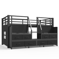 Bellemave® Twin Size Low Loft Bed with 8 Fabric Storage Drawers for Kids,Metal Loft Bed Frame with Shelves & LED Lights - Bellemave