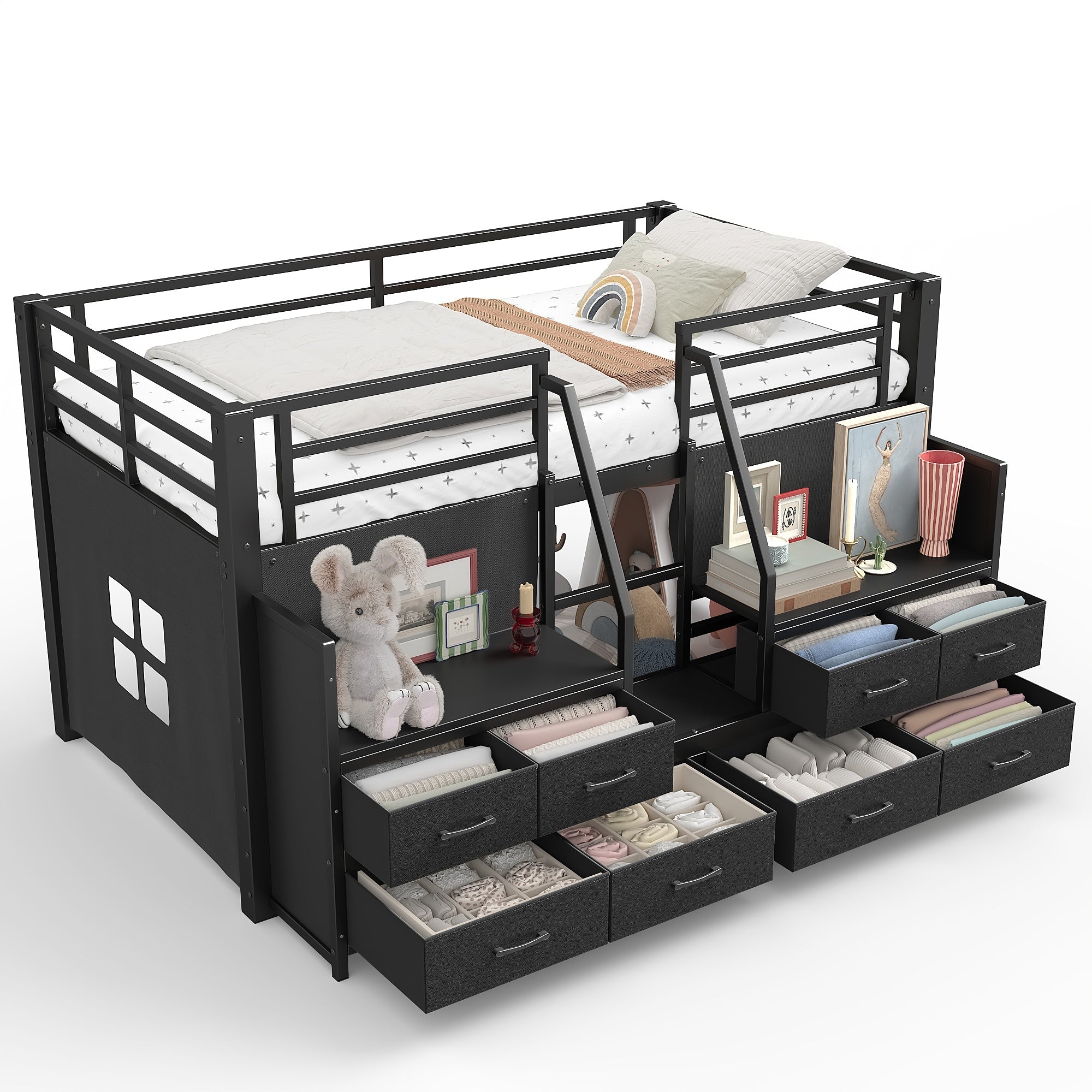 Bellemave® Twin Size Low Loft Bed with 8 Fabric Storage Drawers for Kids,Metal Loft Bed Frame with Shelves & LED Lights - Bellemave