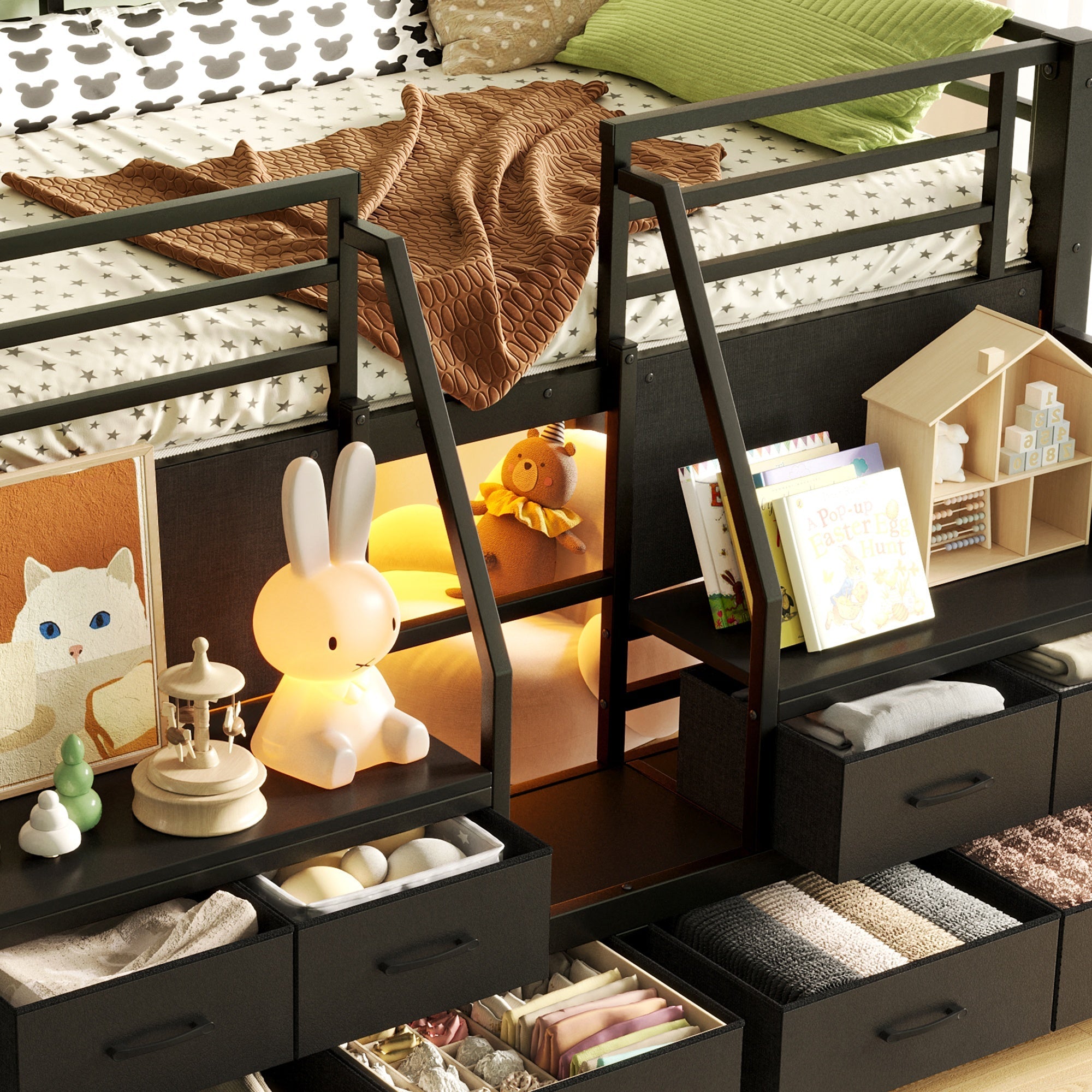 Bellemave® Twin Size Low Loft Bed with 8 Fabric Storage Drawers for Kids,Metal Loft Bed Frame with Shelves & LED Lights - Bellemave