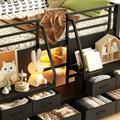 Bellemave® Twin Size Low Loft Bed with 8 Fabric Storage Drawers for Kids,Metal Loft Bed Frame with Shelves & LED Lights - Bellemave