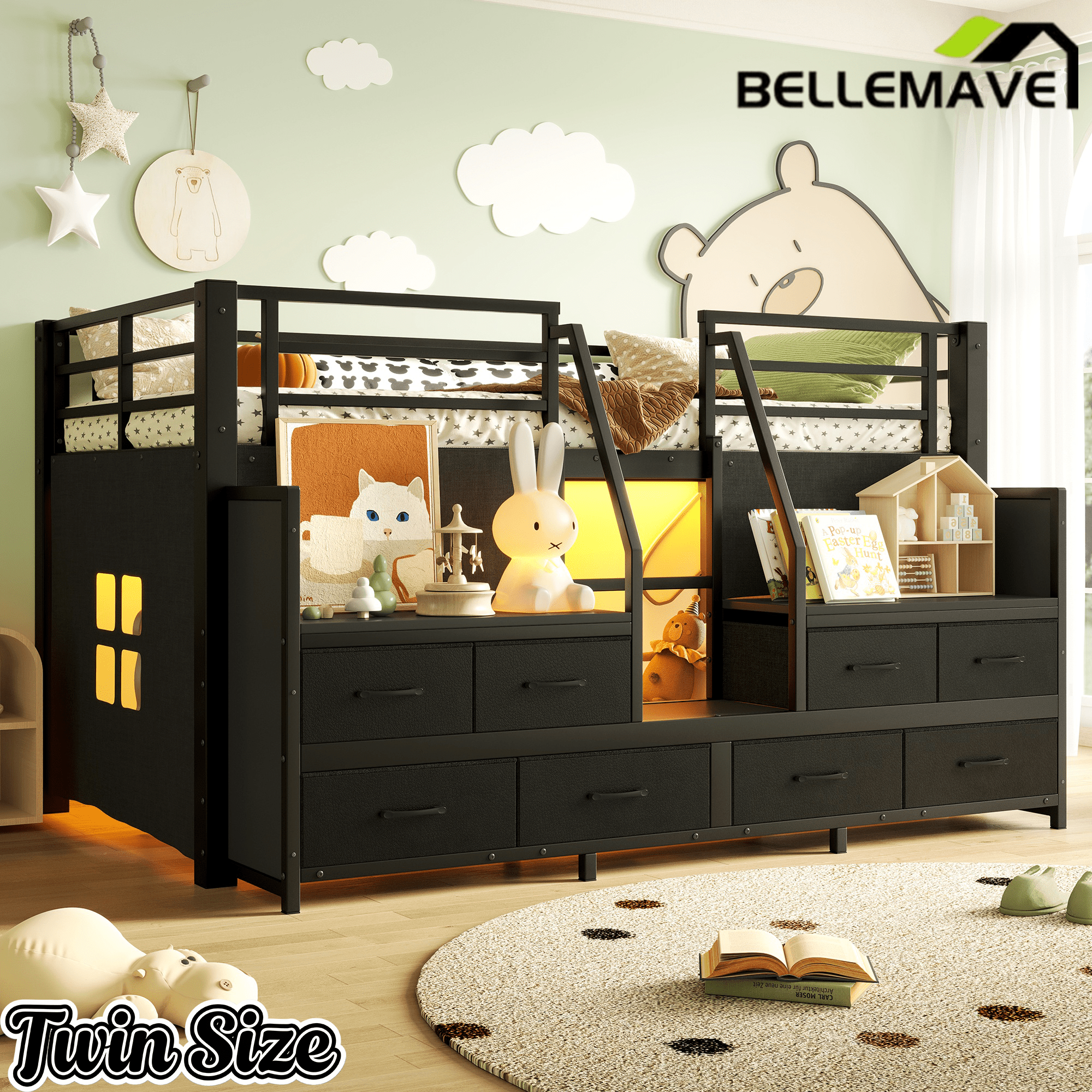 Bellemave® Twin Size Low Loft Bed with 8 Fabric Storage Drawers for Kids,Metal Loft Bed Frame with Shelves & LED Lights - Bellemave