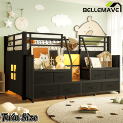 Bellemave® Twin Size Low Loft Bed with 8 Fabric Storage Drawers for Kids,Metal Loft Bed Frame with Shelves & LED Lights - Bellemave