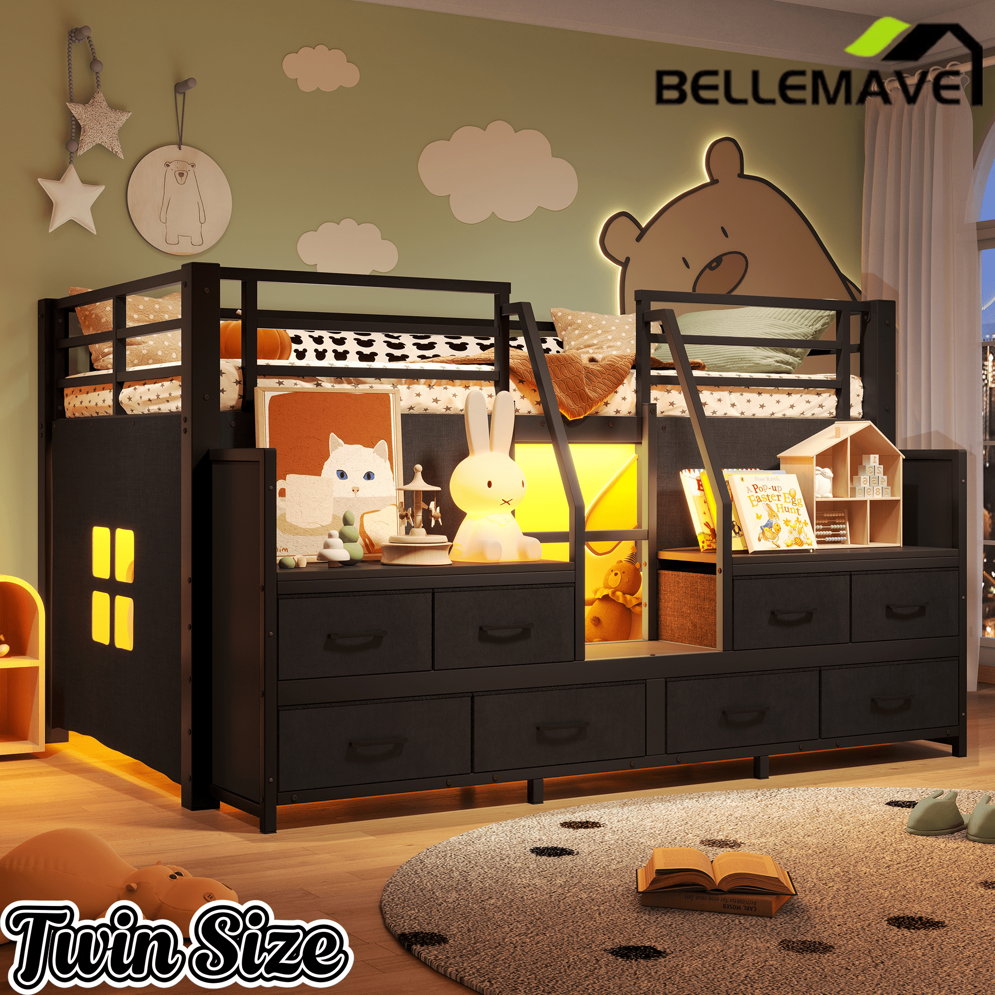 Bellemave® Twin Size Low Loft Bed with 8 Fabric Storage Drawers for Kids,Metal Loft Bed Frame with Shelves & LED Lights - Bellemave
