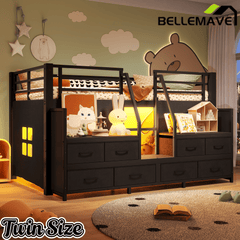 Bellemave® Twin Size Low Loft Bed with 8 Fabric Storage Drawers for Kids,Metal Loft Bed Frame with Shelves & LED Lights - Bellemave