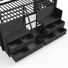 Bellemave® Twin Size Low Loft Bed with 8 Fabric Storage Drawers for Kids,Metal Loft Bed Frame with Shelves & LED Lights - Bellemave