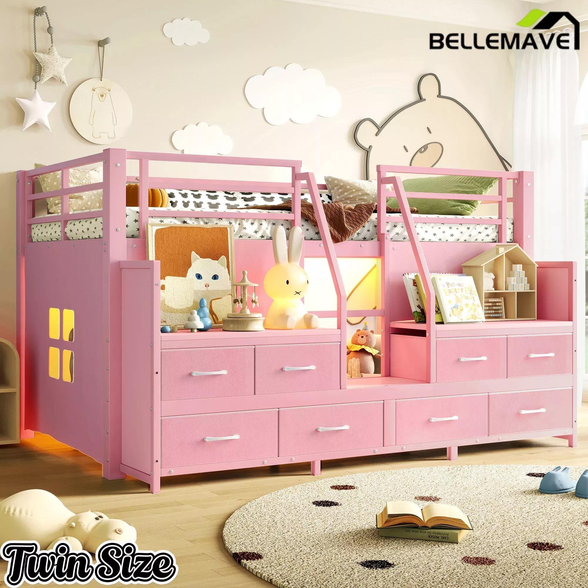 Bellemave® Twin Size Low Loft Bed with 8 Fabric Storage Drawers for Kids,Metal Loft Bed Frame with Shelves & LED Lights - Bellemave