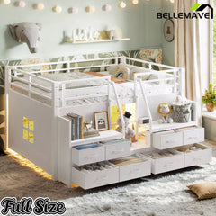 Bellemave® Twin Size Low Loft Bed with 8 Fabric Storage Drawers for Kids,Metal Loft Bed Frame with Shelves & LED Lights - Bellemave