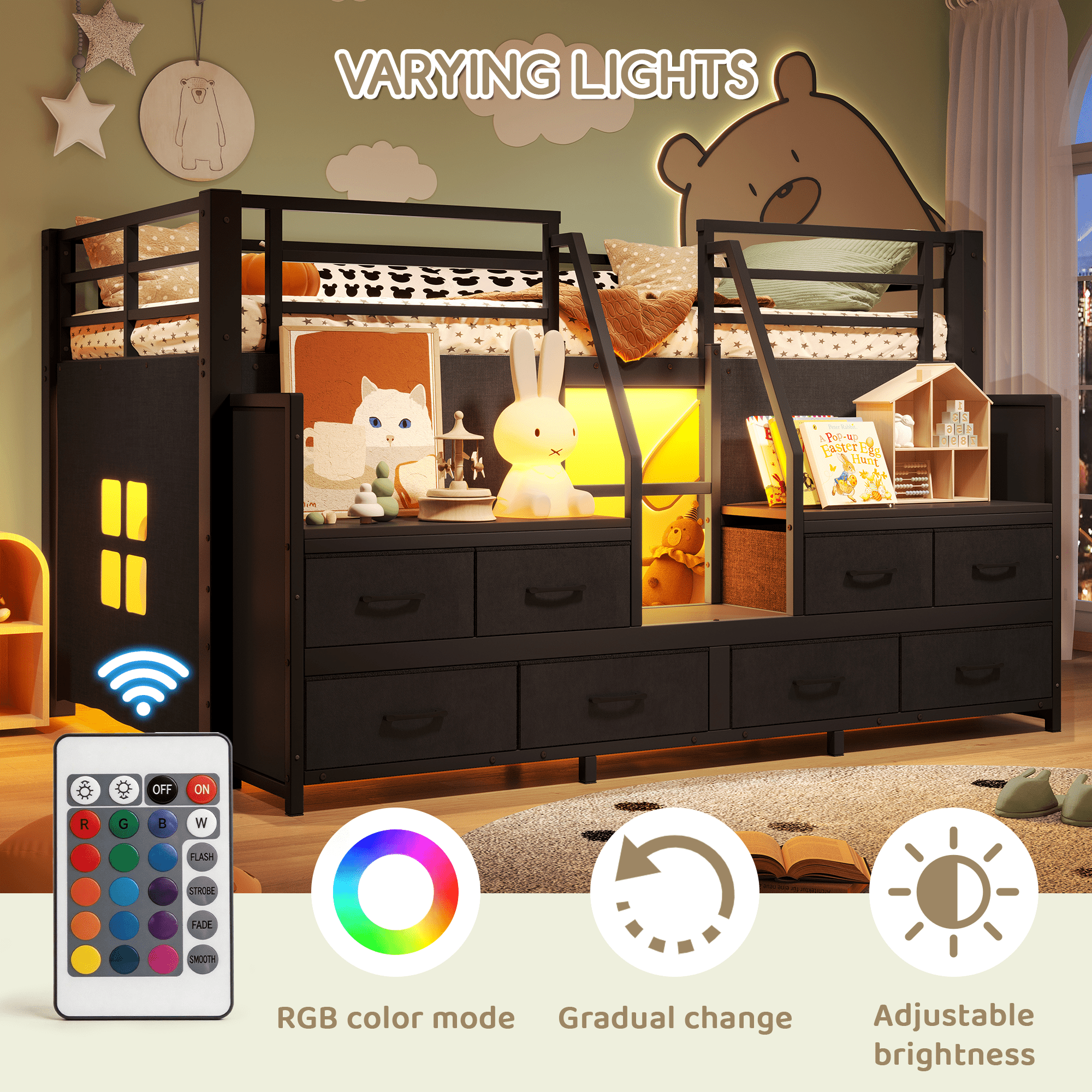 Bellemave® Twin Size Low Loft Bed with 8 Fabric Storage Drawers for Kids,Metal Loft Bed Frame with Shelves & LED Lights - Bellemave
