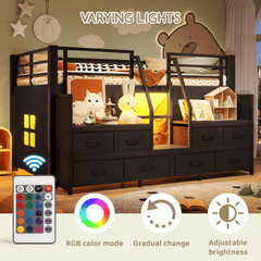 Bellemave® Twin Size Low Loft Bed with 8 Fabric Storage Drawers for Kids,Metal Loft Bed Frame with Shelves & LED Lights - Bellemave