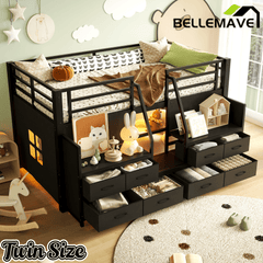 Bellemave® Twin Size Low Loft Bed with 8 Fabric Storage Drawers for Kids,Metal Loft Bed Frame with Shelves & LED Lights - Bellemave