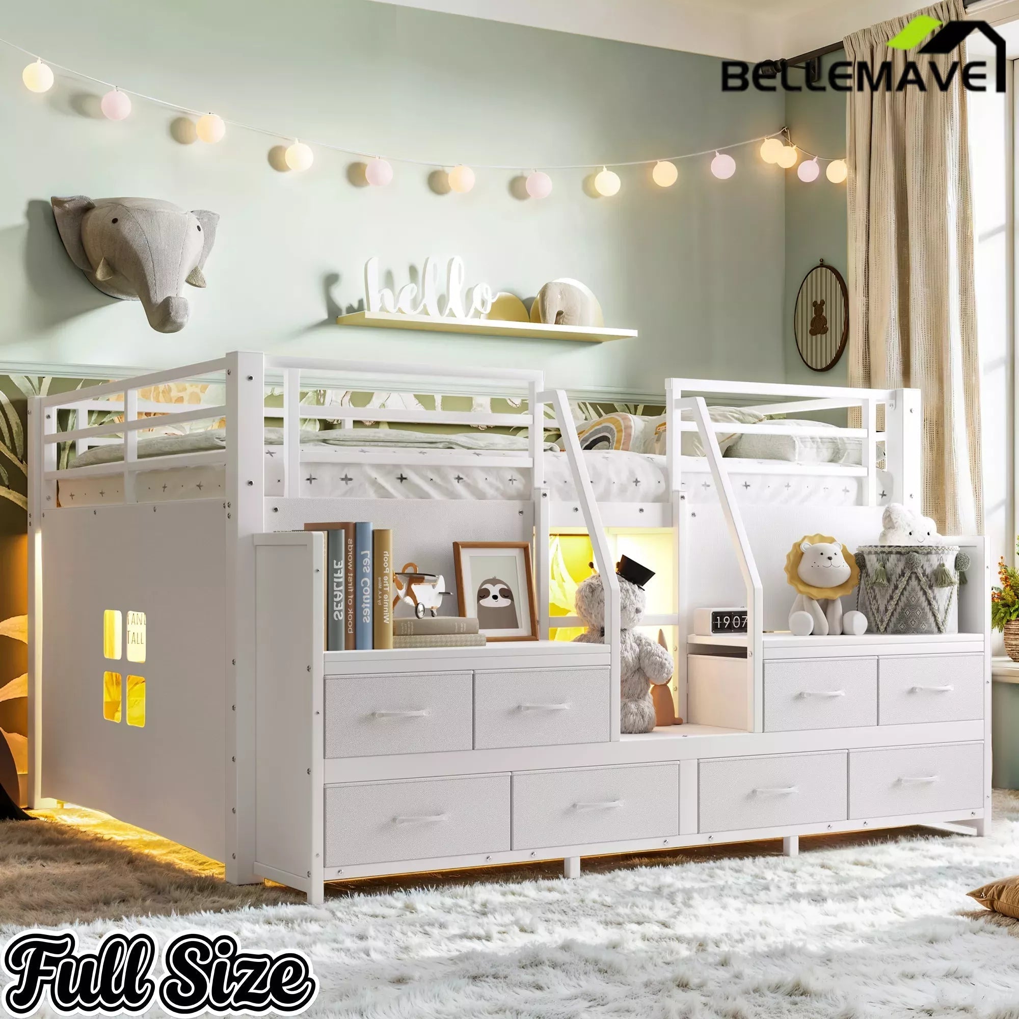 Bellemave® Twin Size Low Loft Bed with 8 Fabric Storage Drawers for Kids,Metal Loft Bed Frame with Shelves & LED Lights - Bellemave