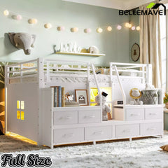 Bellemave® Twin Size Low Loft Bed with 8 Fabric Storage Drawers for Kids,Metal Loft Bed Frame with Shelves & LED Lights - Bellemave