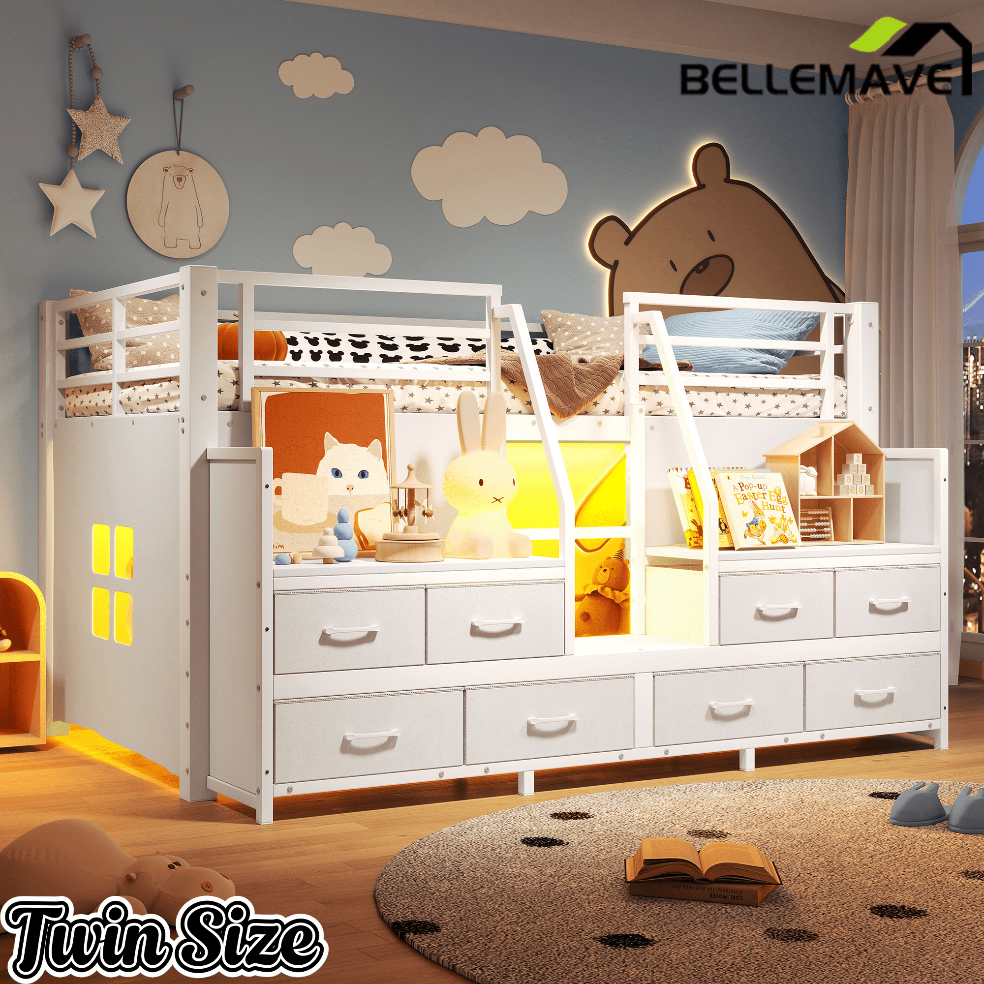 Bellemave® Twin Size Low Loft Bed with 8 Fabric Storage Drawers for Kids,Metal Loft Bed Frame with Shelves & LED Lights - Bellemave