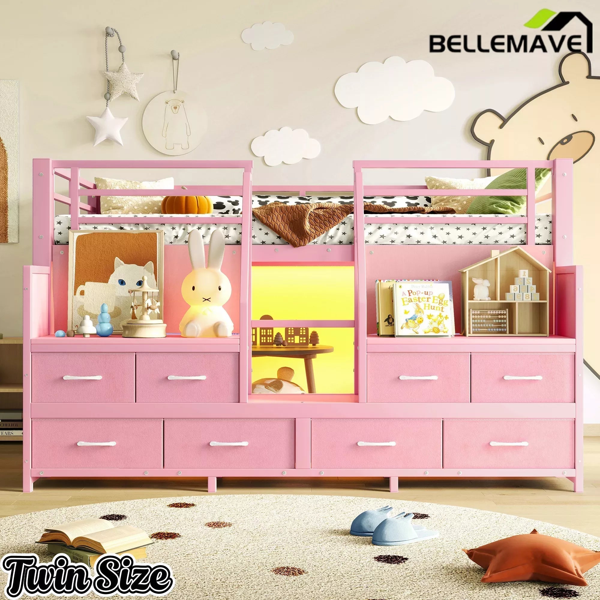 Bellemave® Twin Size Low Loft Bed with 8 Fabric Storage Drawers for Kids,Metal Loft Bed Frame with Shelves & LED Lights - Bellemave