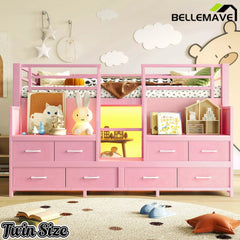 Bellemave® Twin Size Low Loft Bed with 8 Fabric Storage Drawers for Kids,Metal Loft Bed Frame with Shelves & LED Lights - Bellemave
