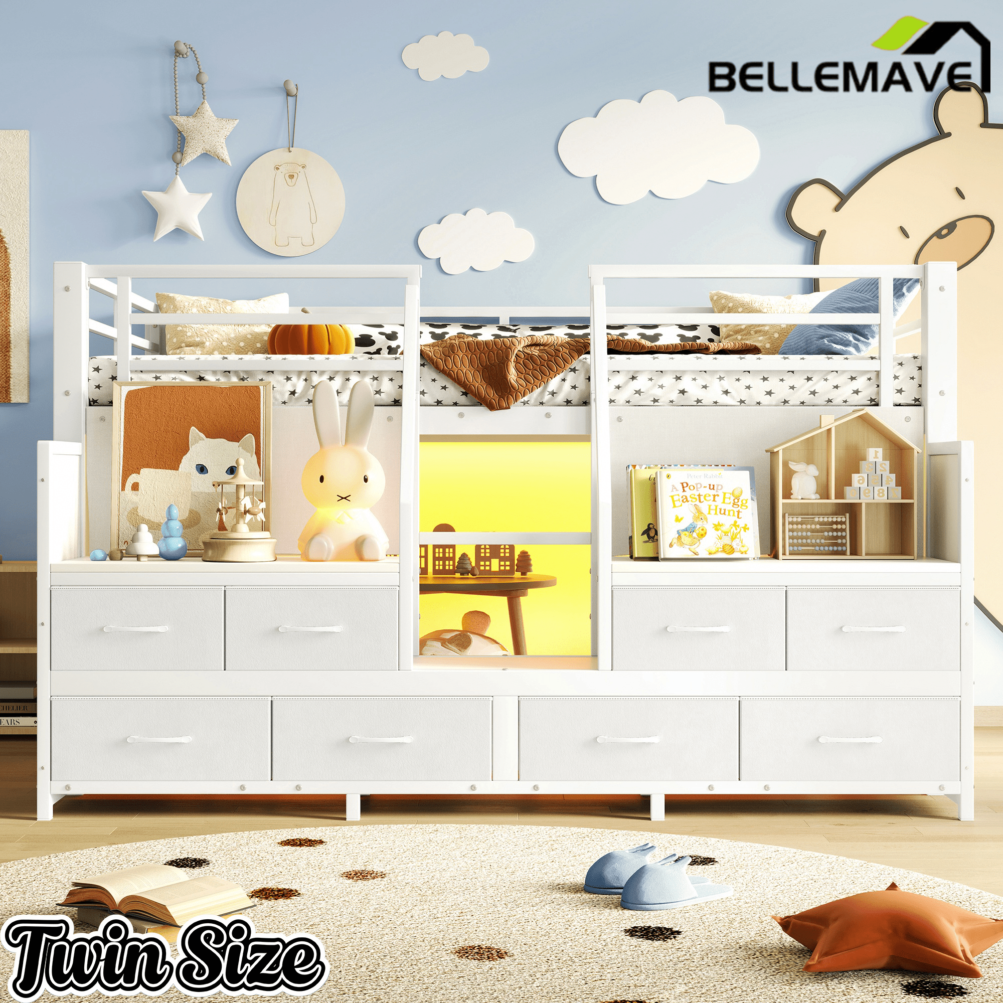 Bellemave® Twin Size Low Loft Bed with 8 Fabric Storage Drawers for Kids,Metal Loft Bed Frame with Shelves & LED Lights - Bellemave