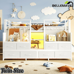 Bellemave® Twin Size Low Loft Bed with 8 Fabric Storage Drawers for Kids,Metal Loft Bed Frame with Shelves & LED Lights - Bellemave