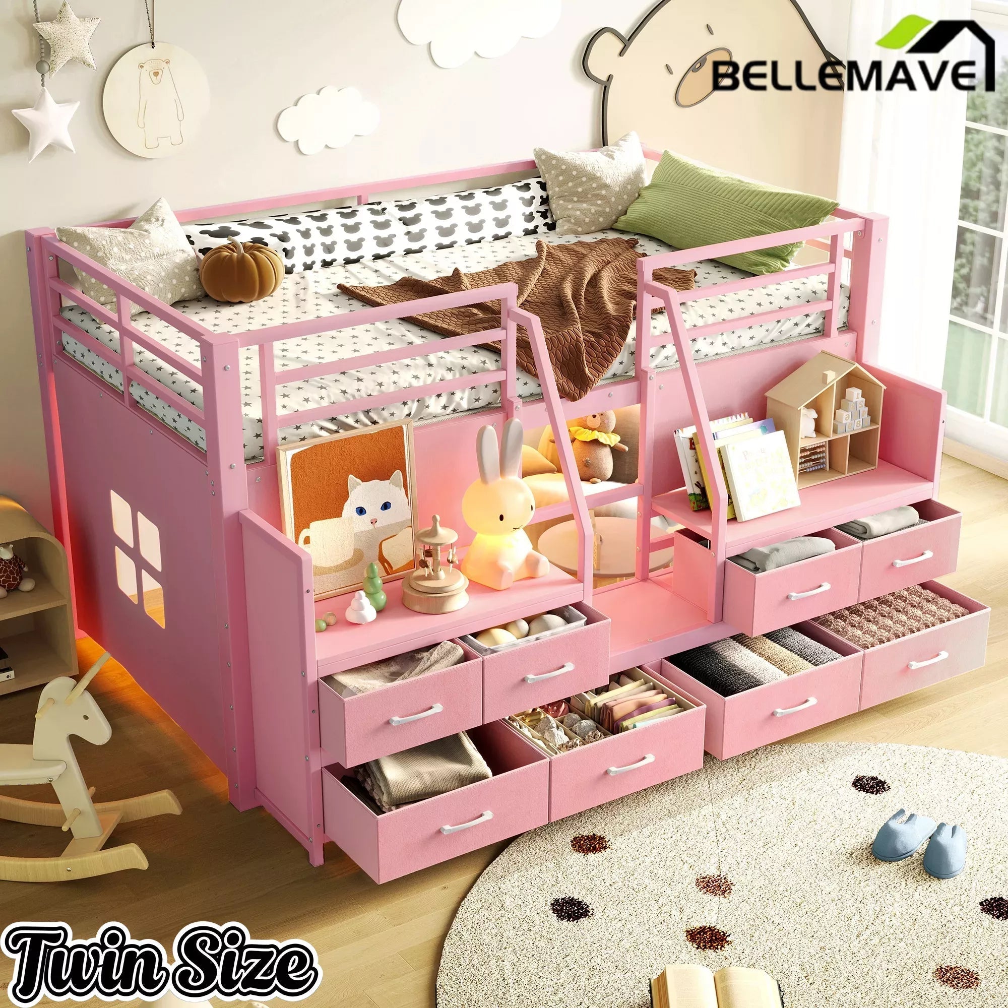 Bellemave® Twin Size Low Loft Bed with 8 Fabric Storage Drawers for Kids,Metal Loft Bed Frame with Shelves & LED Lights - Bellemave