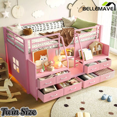 Bellemave® Twin Size Low Loft Bed with 8 Fabric Storage Drawers for Kids,Metal Loft Bed Frame with Shelves & LED Lights - Bellemave