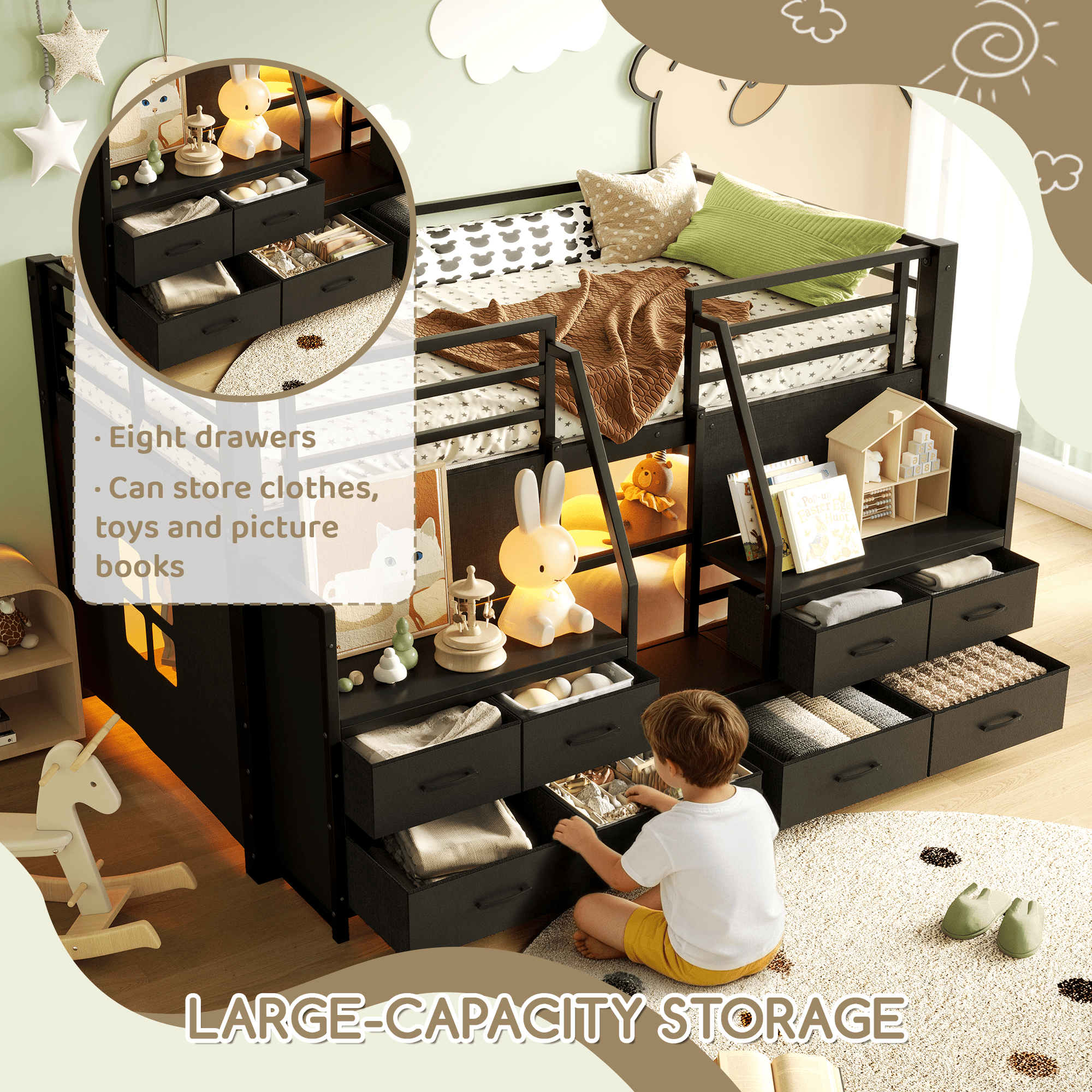 Bellemave® Twin Size Low Loft Bed with 8 Fabric Storage Drawers for Kids,Metal Loft Bed Frame with Shelves & LED Lights - Bellemave