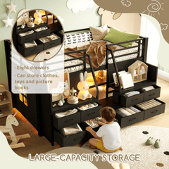 Bellemave® Twin Size Low Loft Bed with 8 Fabric Storage Drawers for Kids,Metal Loft Bed Frame with Shelves & LED Lights - Bellemave