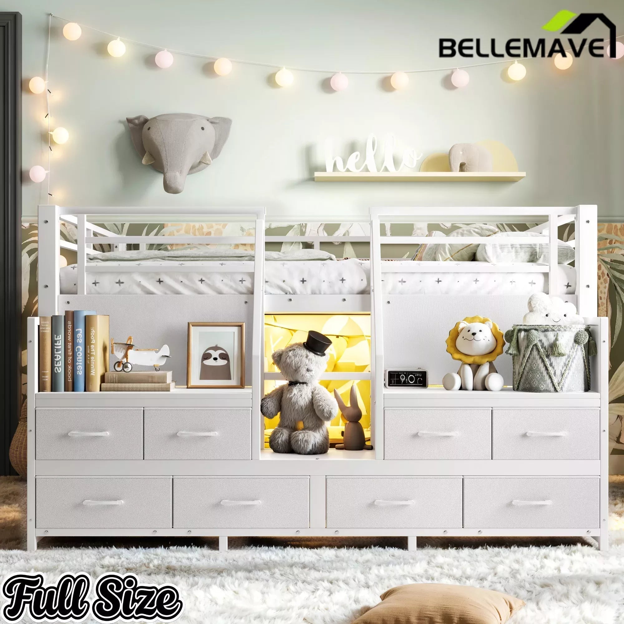 Bellemave® Twin Size Low Loft Bed with 8 Fabric Storage Drawers for Kids,Metal Loft Bed Frame with Shelves & LED Lights - Bellemave