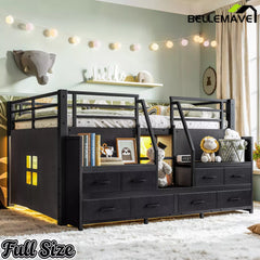 Bellemave® Twin Size Low Loft Bed with 8 Fabric Storage Drawers for Kids,Metal Loft Bed Frame with Shelves & LED Lights - Bellemave