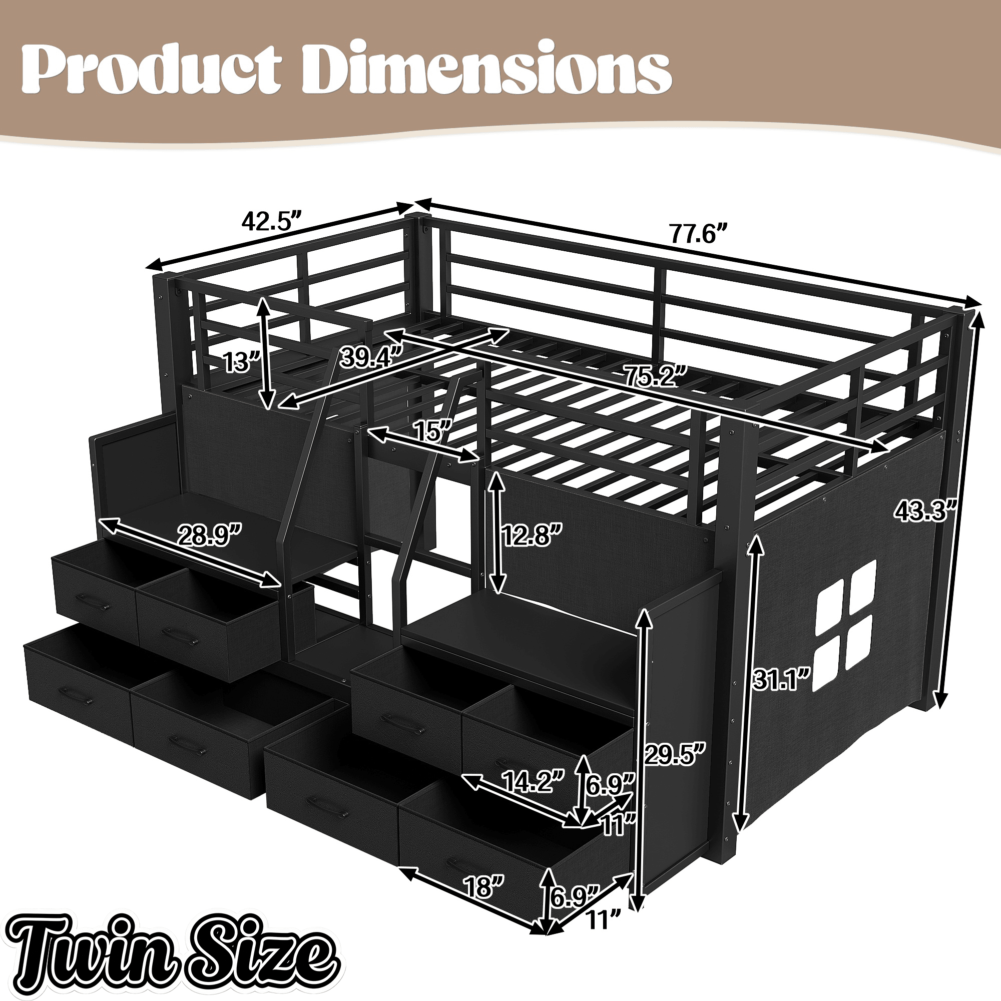 Bellemave® Twin Size Low Loft Bed with 8 Fabric Storage Drawers for Kids,Metal Loft Bed Frame with Shelves & LED Lights - Bellemave