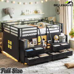 Bellemave® Twin Size Low Loft Bed with 8 Fabric Storage Drawers for Kids,Metal Loft Bed Frame with Shelves & LED Lights - Bellemave