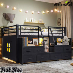 Bellemave® Twin Size Low Loft Bed with 8 Fabric Storage Drawers for Kids,Metal Loft Bed Frame with Shelves & LED Lights - Bellemave
